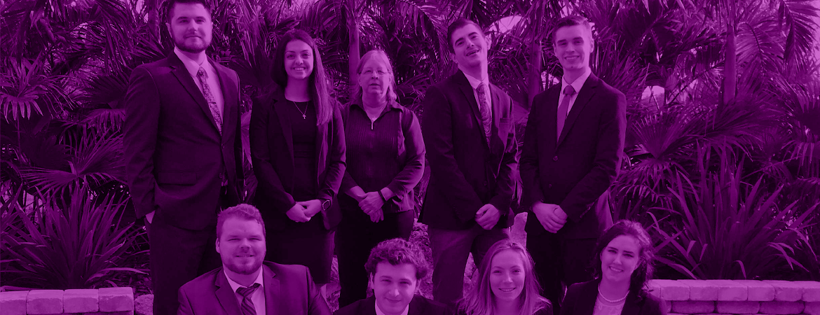 Moot-court students group outside with faculty image with a purple overlay