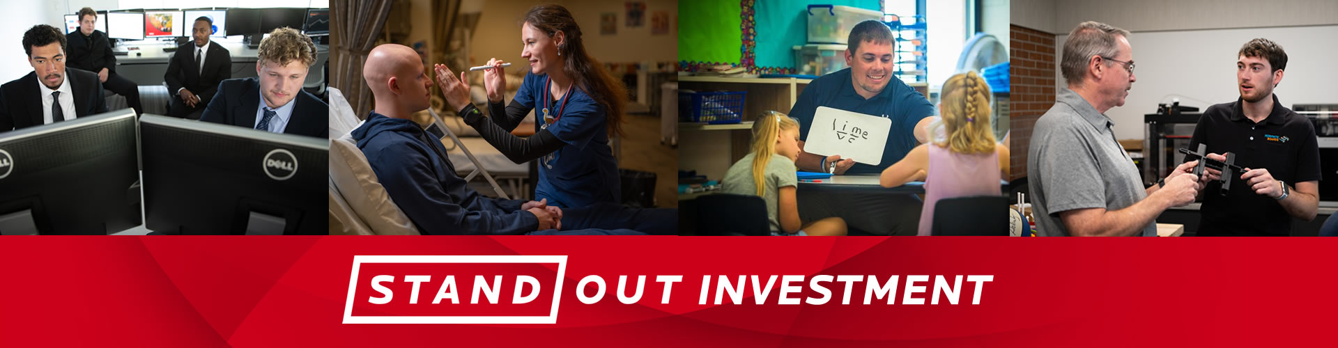 Stand Out Investment Tagline with photos of students