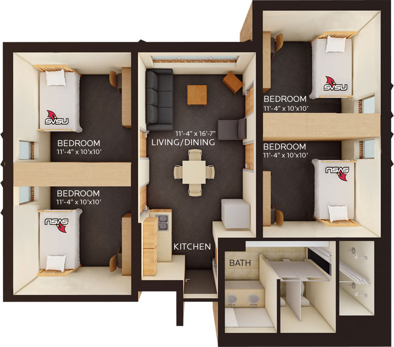 First Year Suites 3D Floor Plan in color
