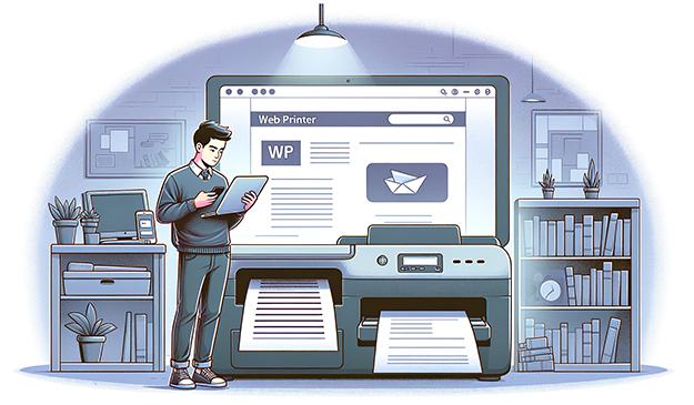 A landscape illustration depicting a college student holding a closed laptop and a smartphone, standing beside a modern printer with a document in the output tray. The setting suggests a college library or study area, emphasizing the convenience of web printing technology. The student appears focused and tech-savvy, highlighting the ease of using web print services.